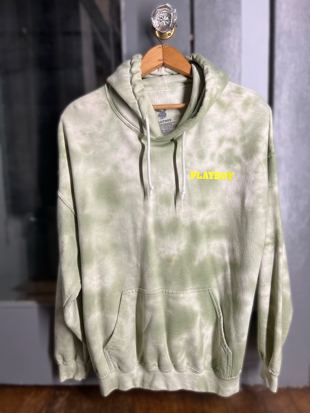 PLAYBOY Olive Green Tie-Dye Hoodie with Yellow Logo